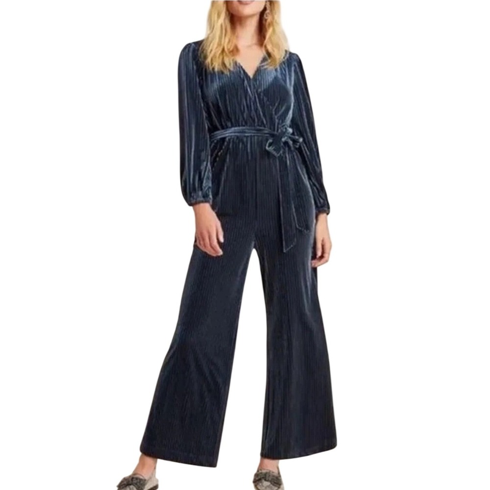 Anthropologie ALI & JAY Velvet Wide Leg Jumpsuit Teal Blue Pleated Wrap Belted M
